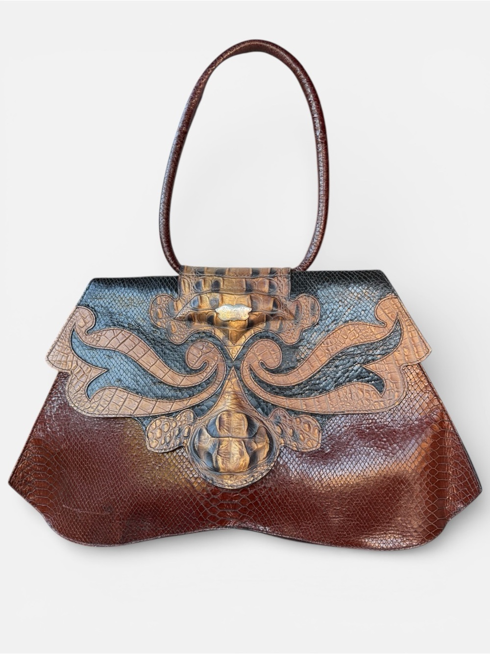 Vintage 80’s Artisan Brown & Tan Embossed Leather Shoulder Bag by Yudit M